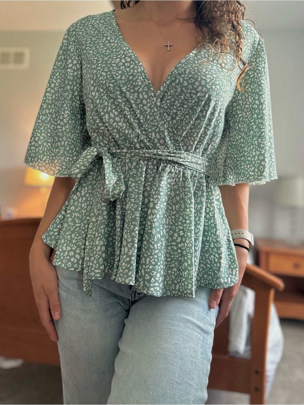SHEIN Sage Green Wrap Peplum Blouse with White Print